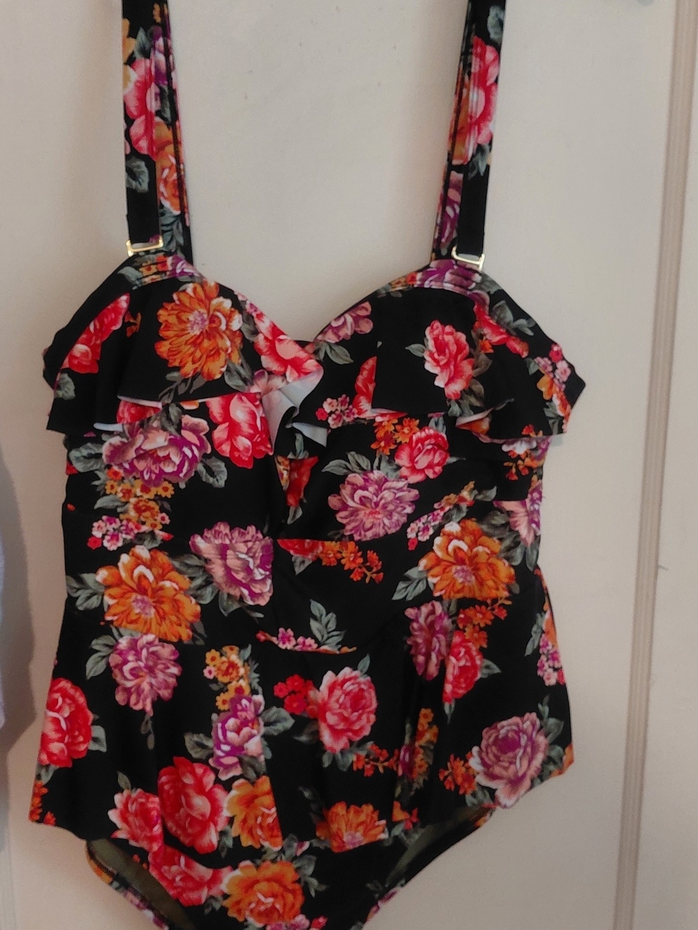 Terra & Sky Black Floral Ruffle Swim Top with Pink & Orange Flowers